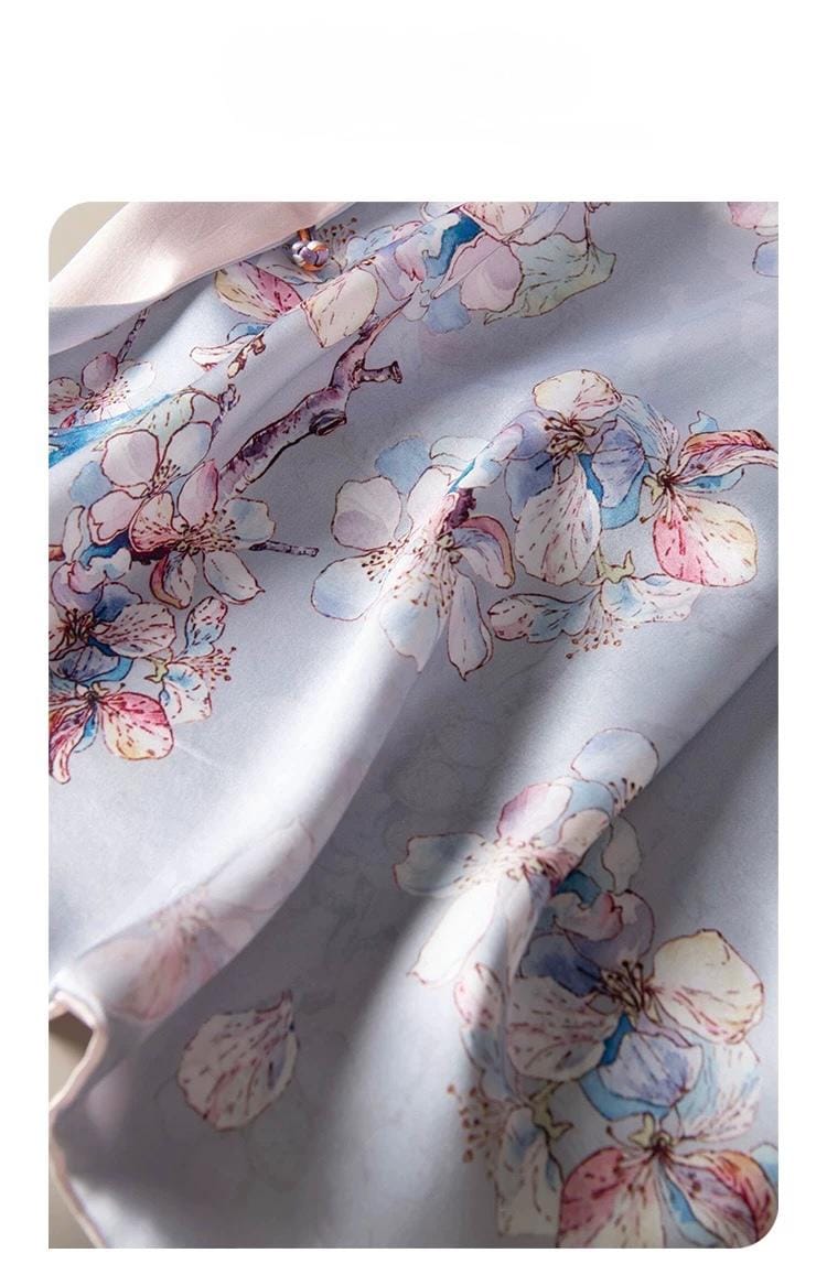 Reversible Mulberry Silk Scarf with Qipao Buttons – Double-Sided 6A Silk Wrap | Floral Bird Design Oriental Silk Shawl Hanfu Accessories