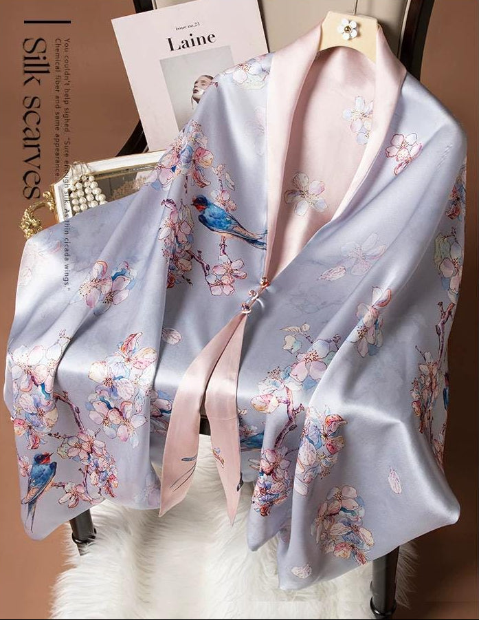 Reversible Mulberry Silk Scarf with Qipao Buttons – Double-Sided 6A Silk Wrap | Floral Bird Design Oriental Silk Shawl Hanfu Accessories