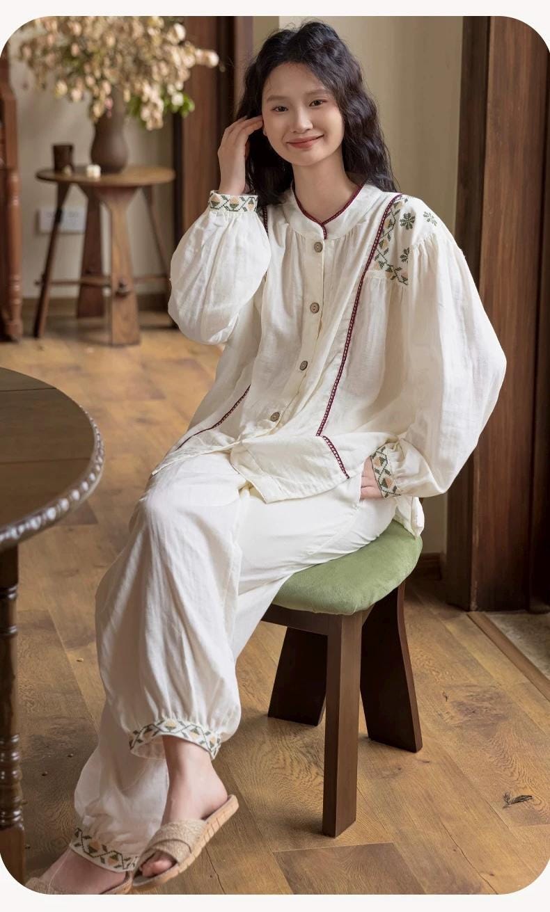 Gauze Cotton Embroidered Loungewear Set for Women – Vintage-Inspired Two-Piece Homewear | Soft Natural Fibre Pyjamas with Hand Detail