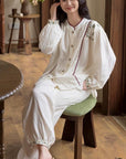 Gauze Cotton Embroidered Loungewear Set for Women – Vintage-Inspired Two-Piece Homewear | Soft Natural Fibre Pyjamas with Hand Detail
