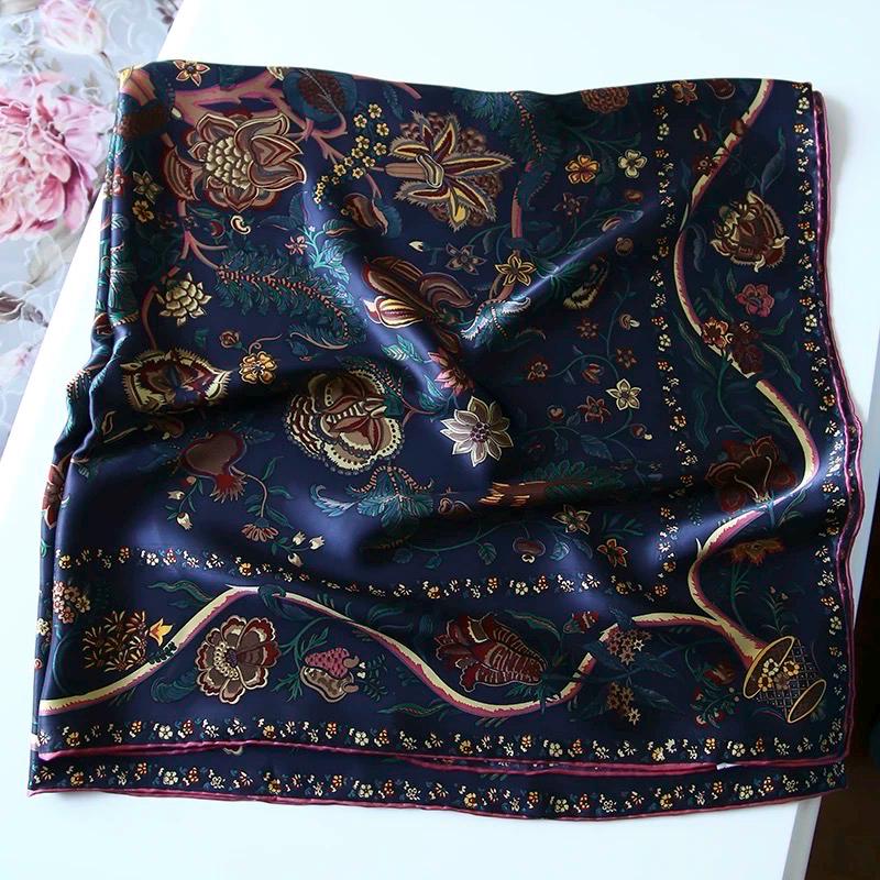 Ottoman Style Blue Silk Scarf 100% Mulberry Silk 106cm Square Hijab Shawl Head Wrap for Women Islamic Elegant Gift Ramadan Eid Modest Fashion Accessory