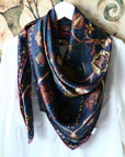Ottoman Style Silk Scarf: Blue Floral Mulberry Silk Shawl - Musilin Headband