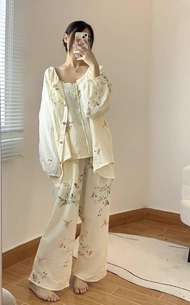 Gauze Pyjamas 3PCS Set with Camisole & Robe Sustainable Tie-Dye Loungewear Lightweight Breathable Organic Cotton Summer pyjamas