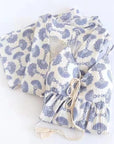 Cotton Kimono Robe 3PCS Set: Blue Fan Print Loungewear - Linen Feel Pyjmas