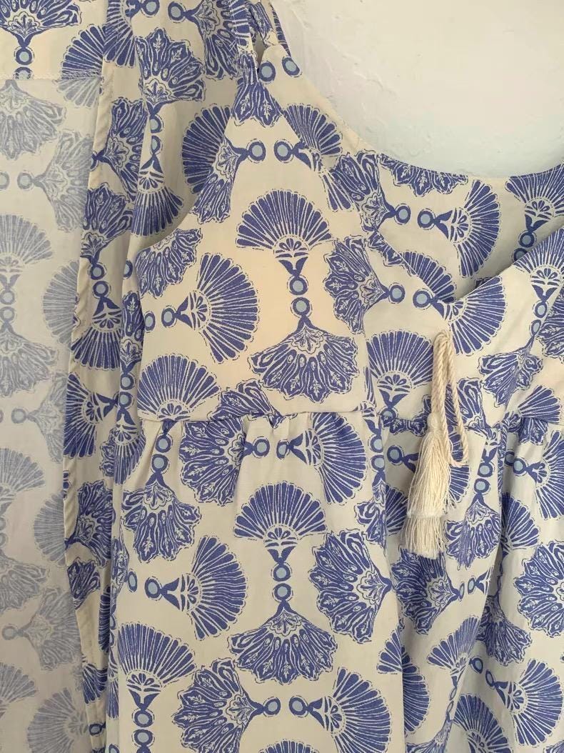 Cotton Kimono Robe 3PCS Set: Blue Fan Print Loungewear - Linen Feel Pyjmas
