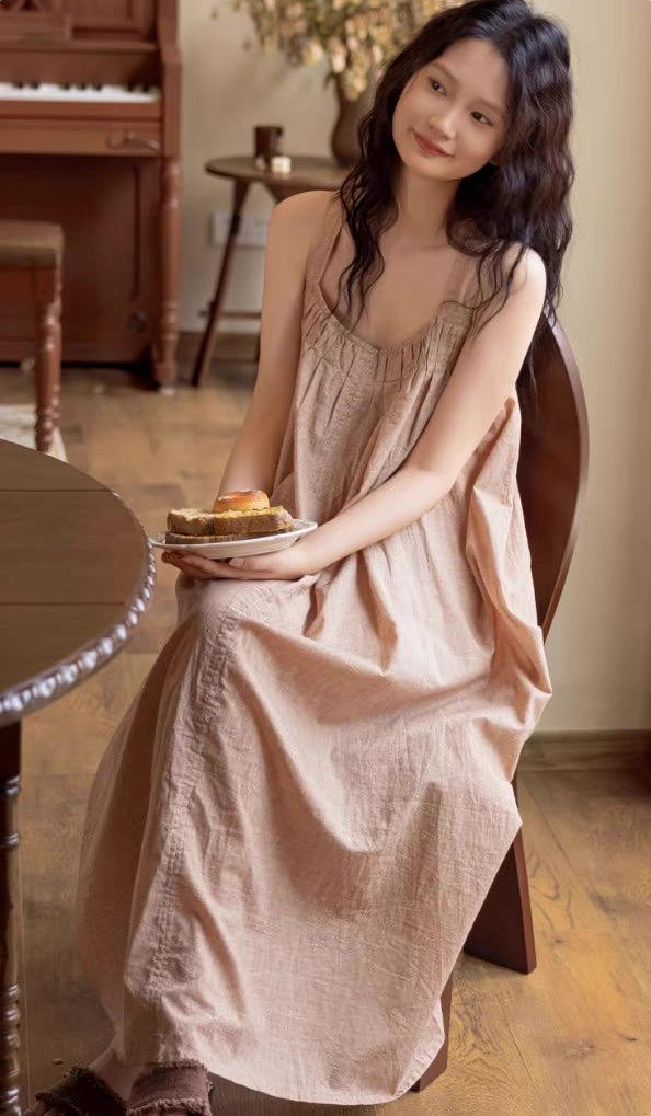 Bamboo Cotton Robe Set: Ruffle Trim Lounge Dress Kimono - Earth Tone