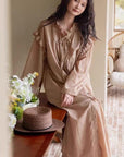 Bamboo Cotton Robe Set: Ruffle Trim Lounge Dress Kimono - Earth Tone