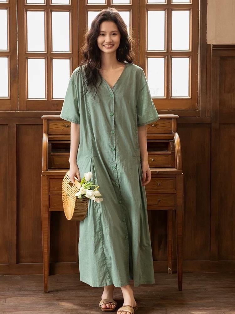 Bamboo Cotton Loungewear Dress: Sage Green Sleep Shirt with Pockets