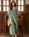Bamboo Cotton Loungewear Dress: Sage Green Sleep Shirt with Pockets