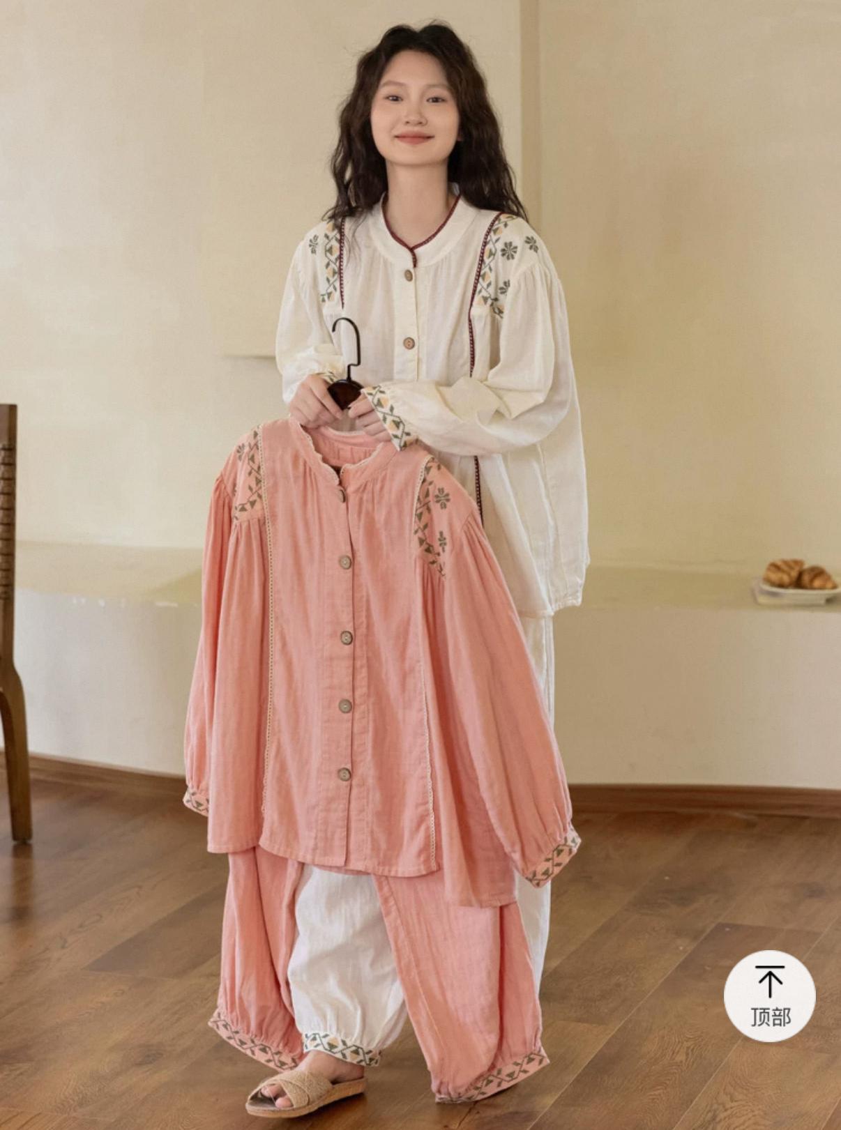 Gauze Cotton Embroidered Loungewear Set for Women – Vintage-Inspired Two-Piece Homewear | Soft Natural Fibre Pyjamas with Hand Detail