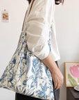 Blue Floral Shoulder Bag: Vintage Chinoiserie Print Tote with Faux Leather Strap
