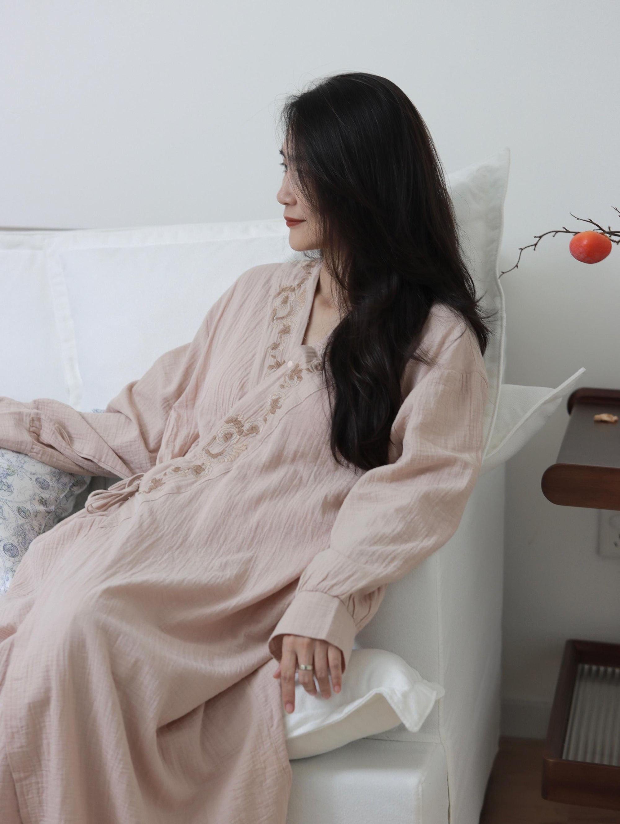 Hand-Embroidered Gauze Cotton Kimono Robe: Lightweight Summer Lounge Wear