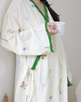 Embroidered Gauze Cotton Robe: Floral Kimono Bathrobe - Cream & Green