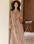 Bamboo Cotton Robe Set: Ruffle Trim Lounge Dress Kimono - Earth Tone