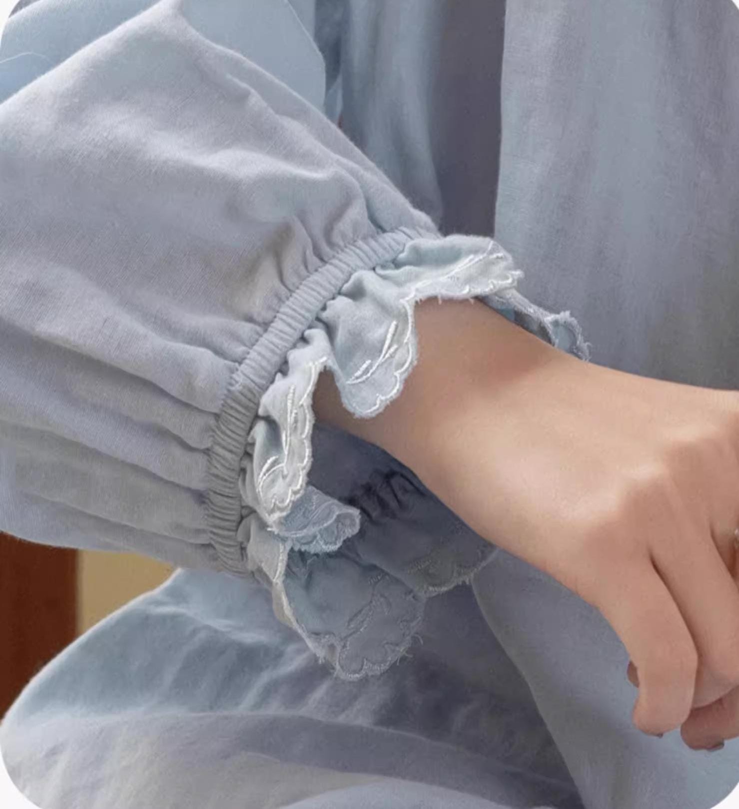 Sky Blue Women Pyjamas Organic Gauze Cotton Lightweight Soft Sleepwear Casual Loungewear Set with Embroidery or Ruffle Top Soft Summer PJs