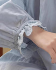 Sky Blue Women Pyjamas Organic Gauze Cotton Lightweight Soft Sleepwear Casual Loungewear Set with Embroidery or Ruffle Top Soft Summer PJs
