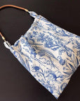 Blue Floral Shoulder Bag: Vintage Chinoiserie Print Tote with Faux Leather Strap