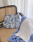 Blue Floral Shoulder Bag: Vintage Chinoiserie Print Tote with Faux Leather Strap