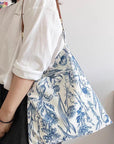 Blue Floral Shoulder Bag: Vintage Chinoiserie Print Tote with Faux Leather Strap