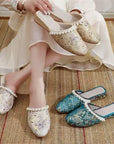 Brocade Mules: Embroidered Qipao Slippers with Pearl Trim