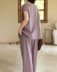 Embroidered Bamboo Cotton Pajama Set: Dusty Purple Cottagecore Lounge