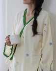 Embroidered Gauze Cotton Robe: Floral Kimono Bathrobe - Cream & Green