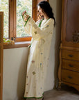 Embroidered Gauze Cotton Robe: Floral Kimono Bathrobe - Cream & Green