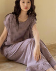Embroidered Bamboo Cotton Pajama Set: Dusty Purple Cottagecore Lounge