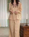Embroidered Gauze Cotton Loungewear – Soft Earth Tone Pyjama Set for Women