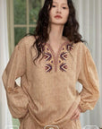 Embroidered Gauze Cotton Loungewear – Soft Earth Tone Pyjama Set for Women