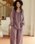 Double Layer Gauze Loungewear, Purple Pajamas and Sleepwear – Women’s Relaxed Long Sleeves Cotton Pajama Pants Set or Dress Gown
