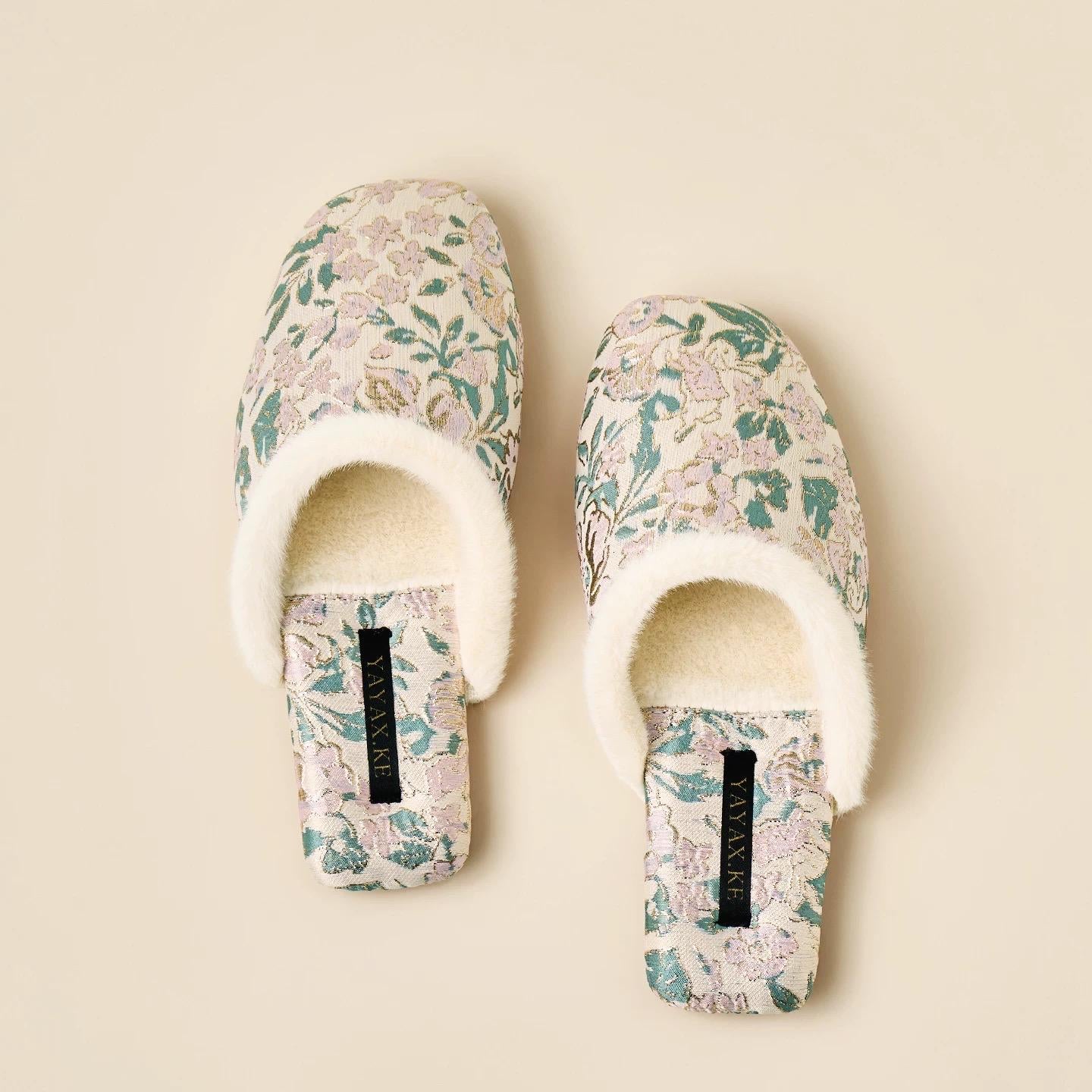 Embroidered Brocade Slippers: Faux Fur Lined Oriental Mules
