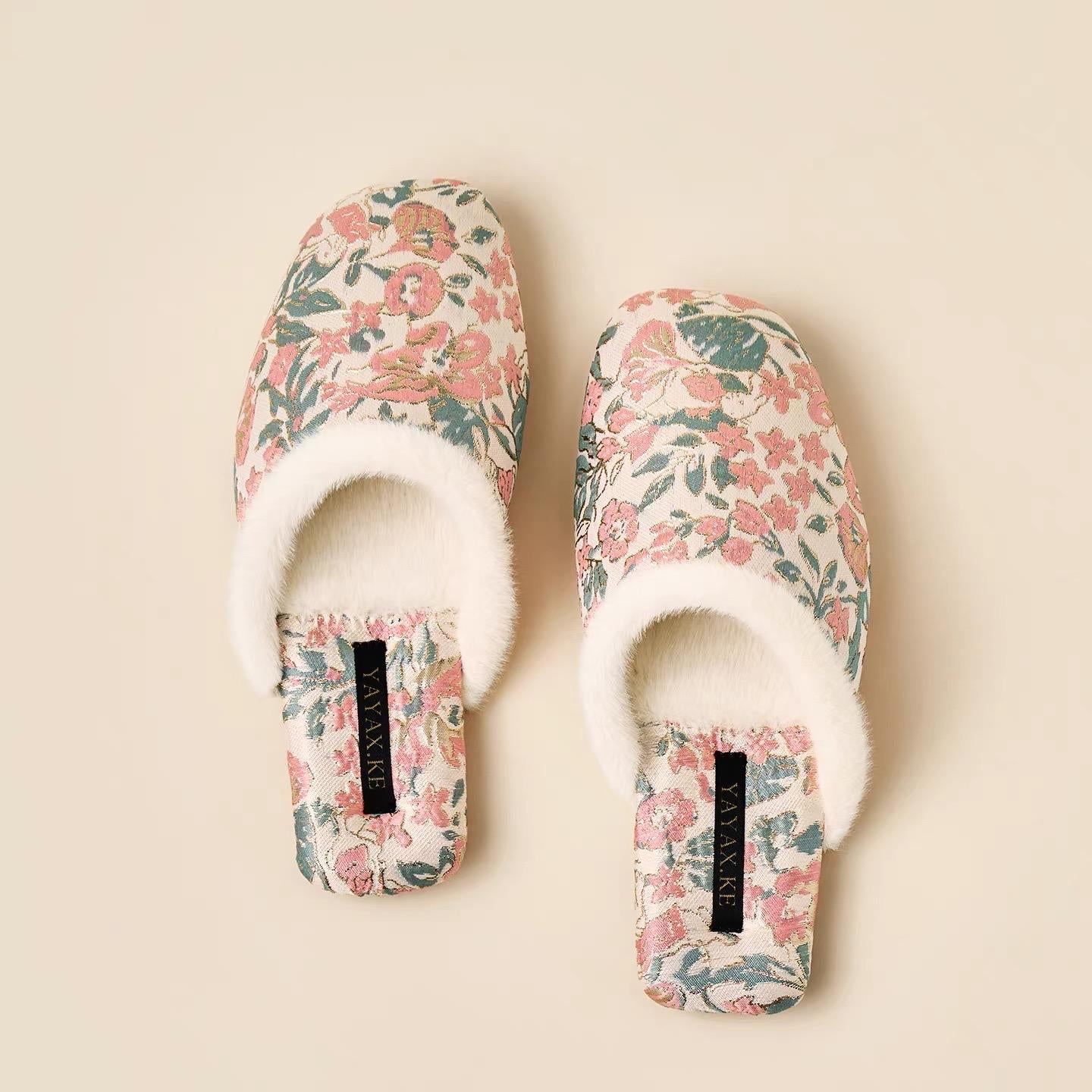 Embroidered Brocade Slippers: Faux Fur Lined Oriental Mules