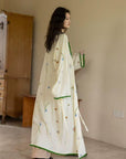 Embroidered Gauze Cotton Robe: Floral Kimono Bathrobe - Cream & Green