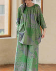Bamboo Cotton Loungewear Set: Green Botanical Print, Oversized Fit
