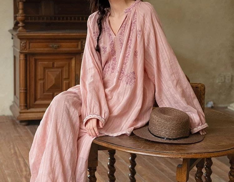 Pink Bamboo Cotton Pyjamas – Embroidered Dress or Two-Piece Pants Loungewear