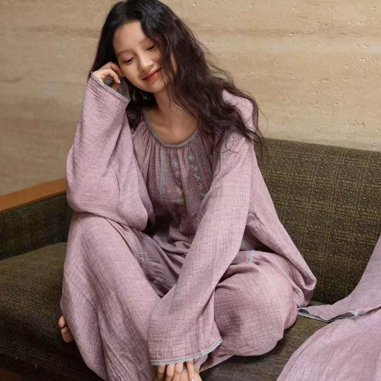 Double Layer Gauze Loungewear, Purple Pajamas and Sleepwear – Women’s Relaxed Long Sleeves Cotton Pajama Pants Set or Dress Gown