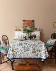 Blue and White Chinoiserie Tablecloth, Chinese Painting Table Cover with Birds & Pagoda Scene, Washable Linen for Holiday Dinner Party Décor