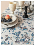Blue and White Chinoiserie Tablecloth, Chinese Painting Table Cover with Birds & Pagoda Scene, Washable Linen for Holiday Dinner Party Décor