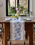 Chinoiserie Table Runner, Silk-Thread Chenille with Canvas Backing, Oriental Floral Dining Linen with Tassels for Christmas Décor Gift