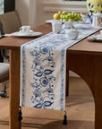 Chinoiserie Table Runner, Silk-Thread Chenille with Canvas Backing, Oriental Floral Dining Linen with Tassels for Christmas Décor Gift