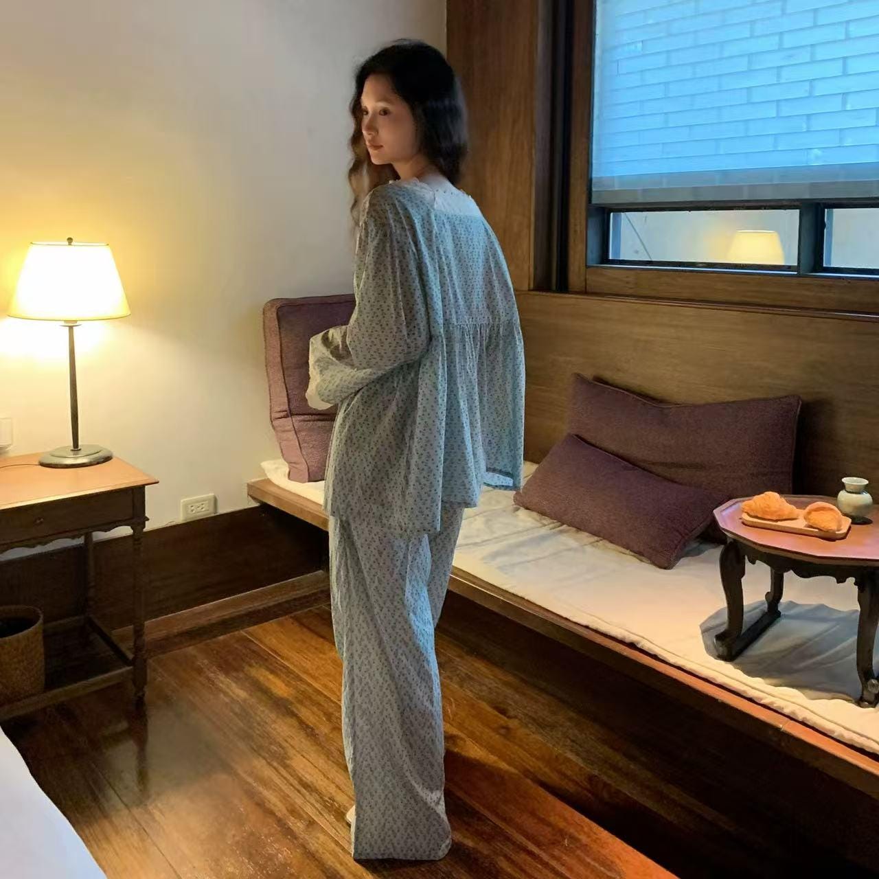Vintage Floral Bamboo Cotton Loungewear Set – Lace Trim Pyjamas for Women - Japandi-loungewear fusion - Eco-Friendly Sleepwear