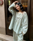 Vintage Floral Bamboo Cotton Loungewear Set – Lace Trim Pyjamas for Women - Japandi-loungewear fusion - Eco-Friendly Sleepwear