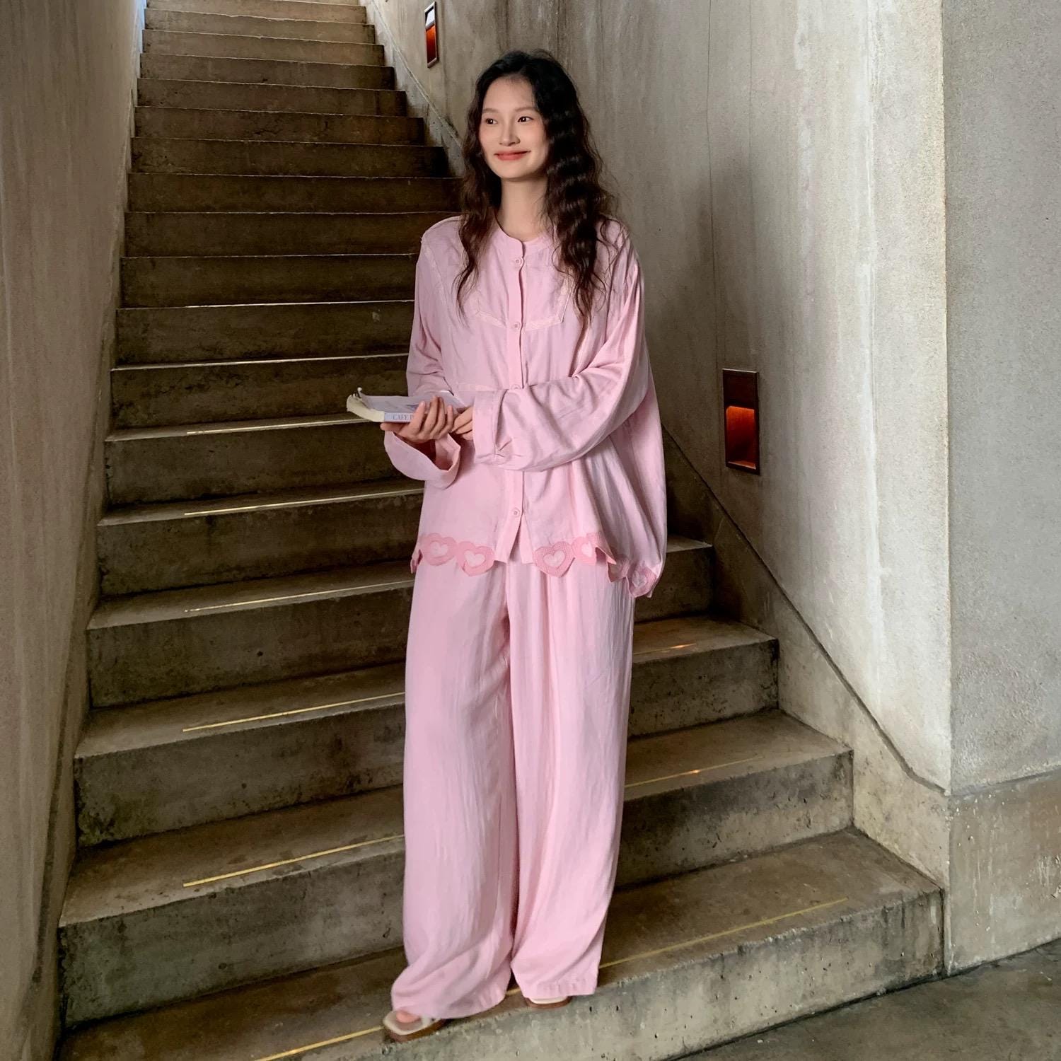 Sustainable Cotton Sleepwear Set / Pink Embroidered Heart Trim Loungewear / Feminine Pyjamas Gift Idea for Daughter