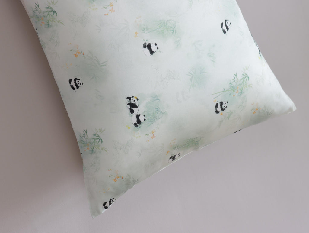 Panda Pattern 25 Momme Mulberry Silk Pillowcase with Matching Hair Scrunchies Set– Envelope Closure - Cultural Gift Idea