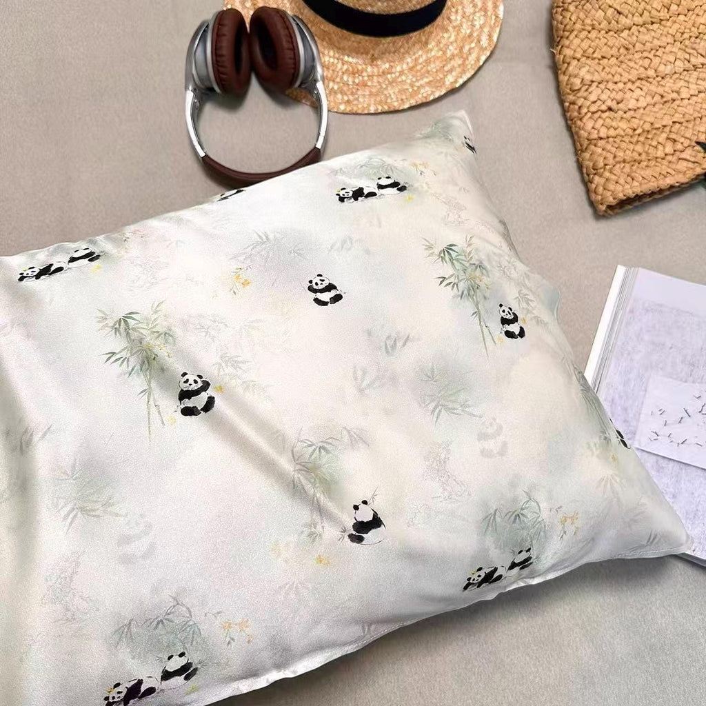 Panda Pattern 25 Momme Mulberry Silk Pillowcase with Matching Hair Scrunchies Set– Envelope Closure - Cultural Gift Idea