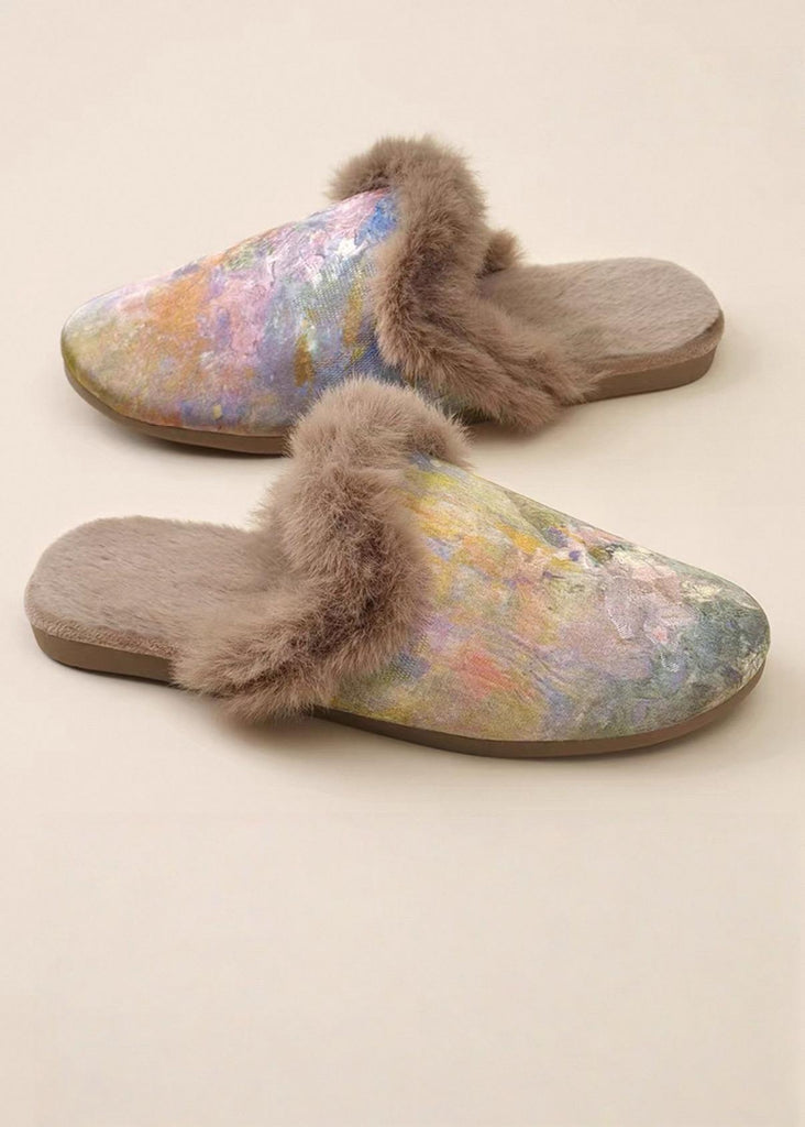 Watercolour Impression Silk Slippers | Fur & No-Fur Options | Indoor Soft Sole House Shoes | Anti-Slip | Winter Home Gift