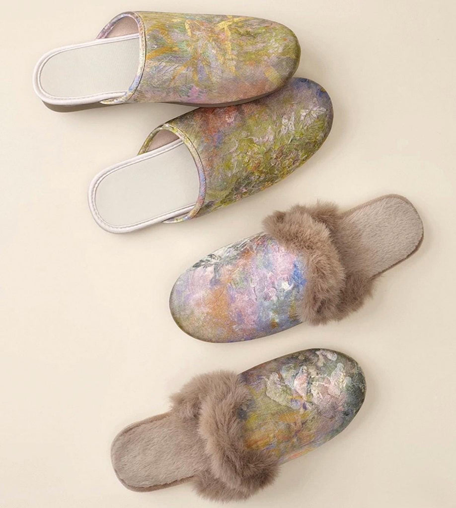 Watercolour Impression Silk Slippers | Fur & No-Fur Options | Indoor Soft Sole House Shoes | Anti-Slip | Winter Home Gift
