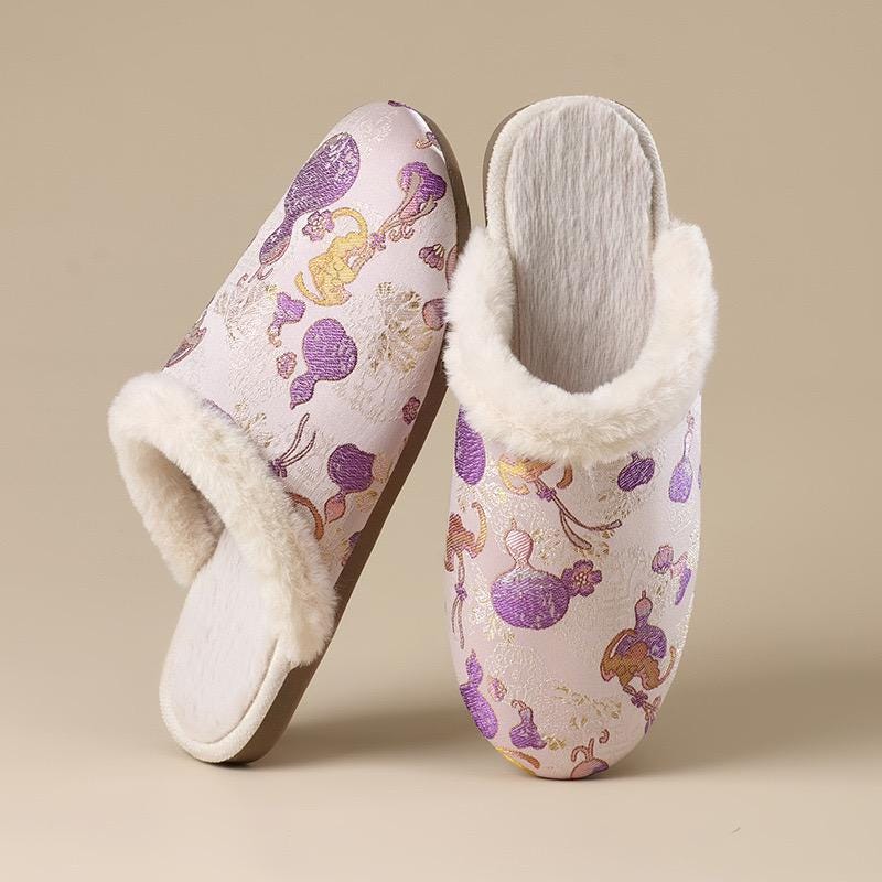 Oriental Silk Brocade Winter Slippers - Handmade Indoor Shoes