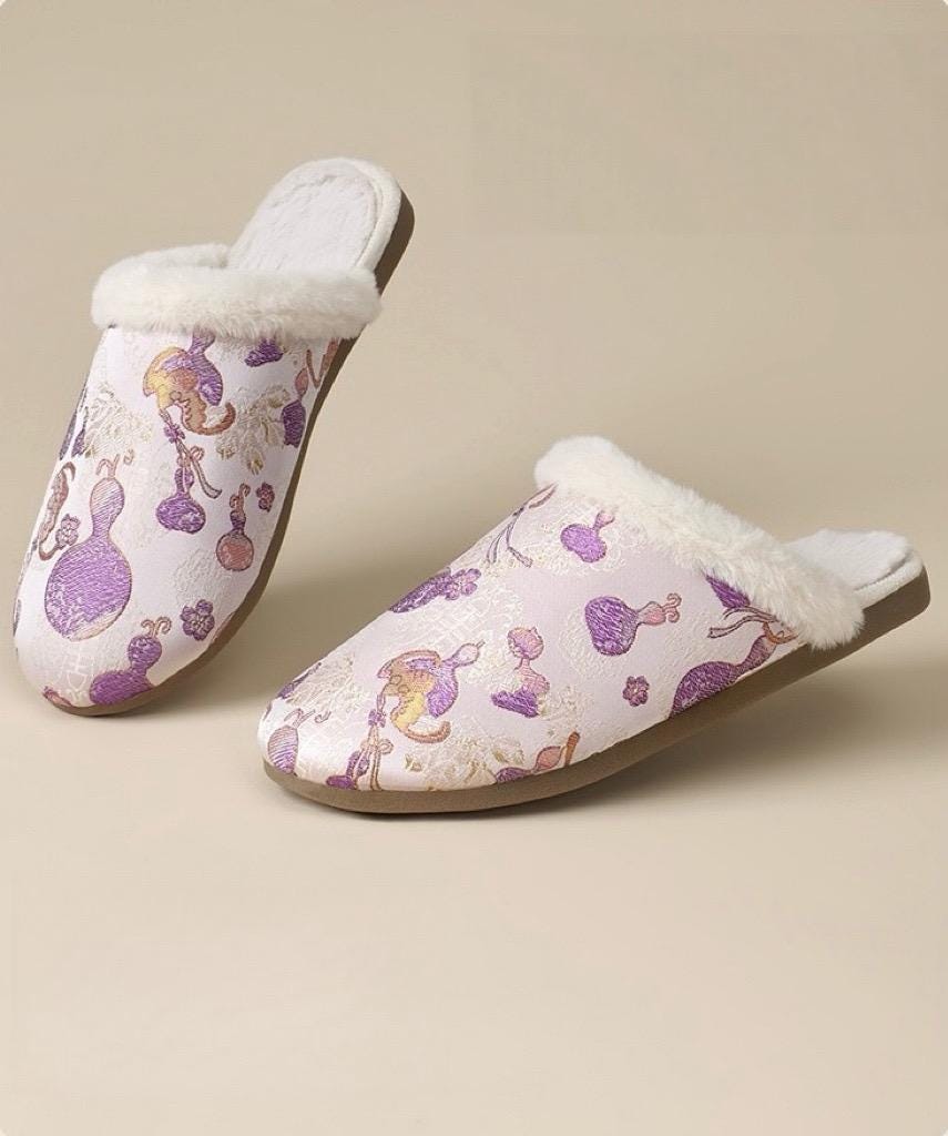 Oriental Silk Brocade Winter Slippers | Handmade Indoor Shoes | Fur & Non-Fur | Cultural Gift for Her